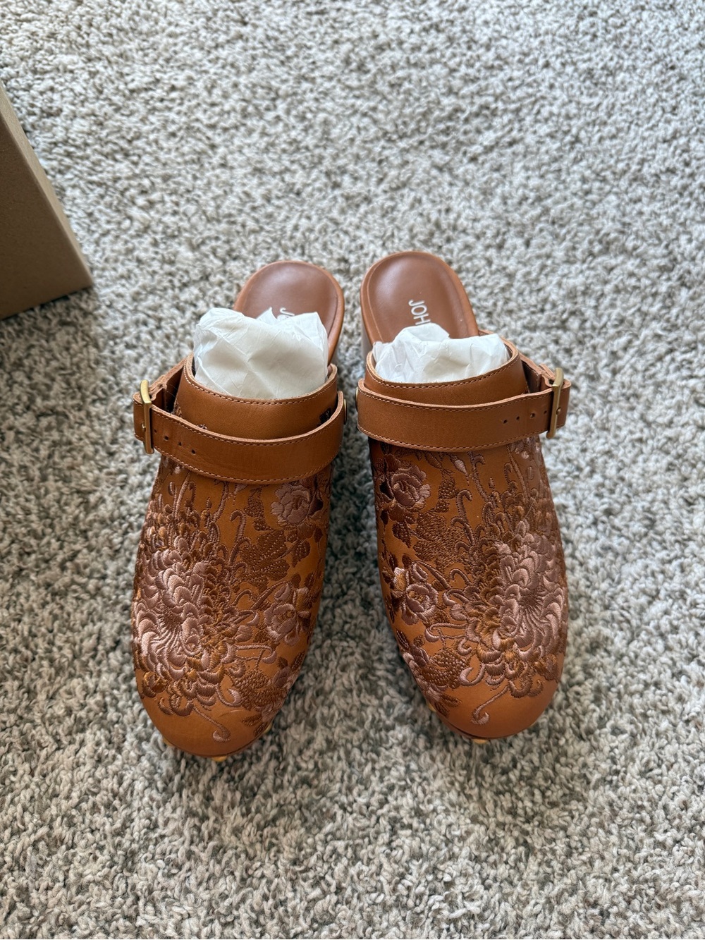 Johnny Was Embroidered Tan Leather Mule Clogs with Buckle